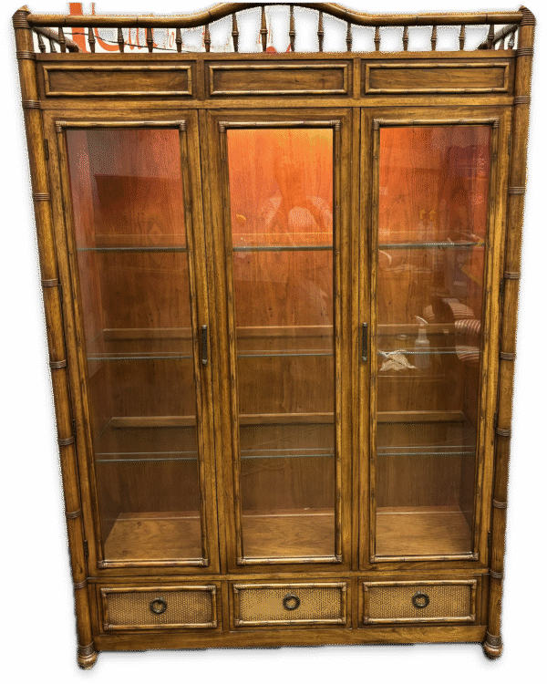 Vintage Thomasville Illuminated Faux Bamboo China Cabinet