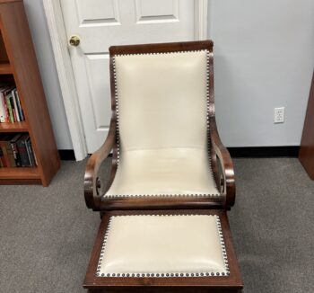 Teak Wood Room Accent Chair with Ottoman Upholstered Leather Chair and Stool set With Scrollwork and high Back, Chaise Lounge Chair