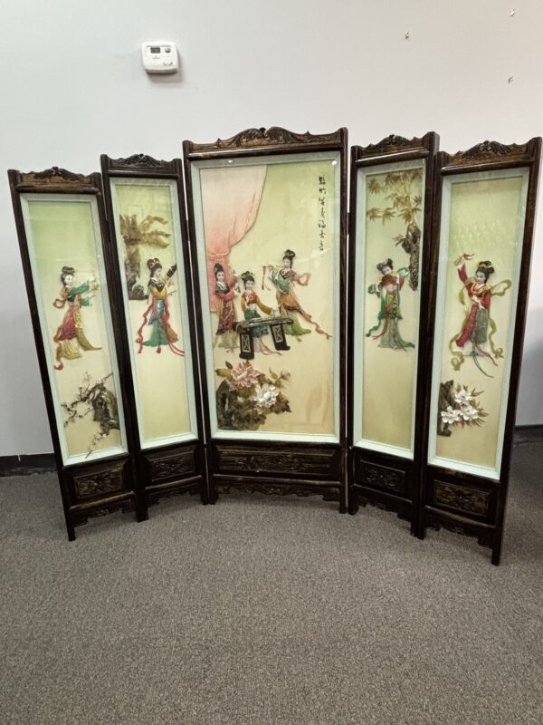 Vintage Hand-Painted Wood and Porcelain 5 panel Room Divider