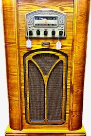 “Decorative antique wooden radio with polished wood casing and retro dial.”