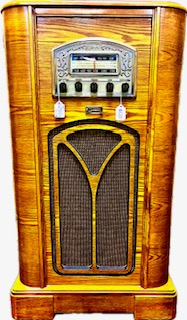 “Decorative antique wooden radio with polished wood casing and retro dial.”